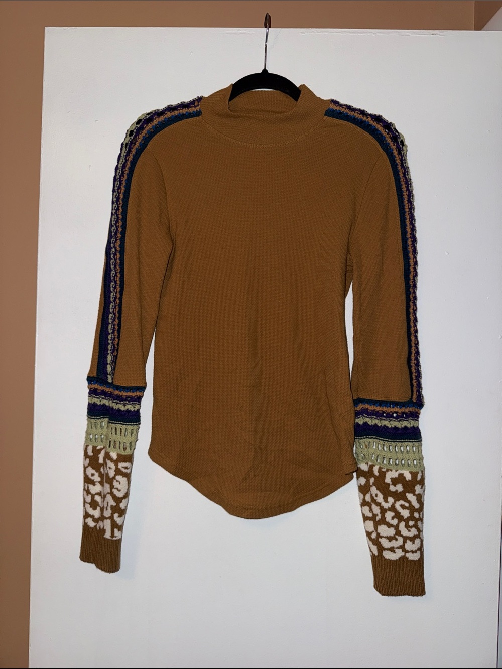 Free People Caramel Long Sleeve Mock Neck Top with Patterned Sleeve Accents